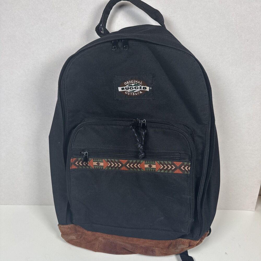VTG Y2K Rugged Outback Black Backpack Tribal Front Worn In And Well Loved